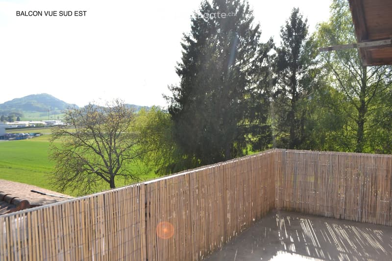 Balcony with wooden railing, overlooking a green field and trees, with a distant mountain view.