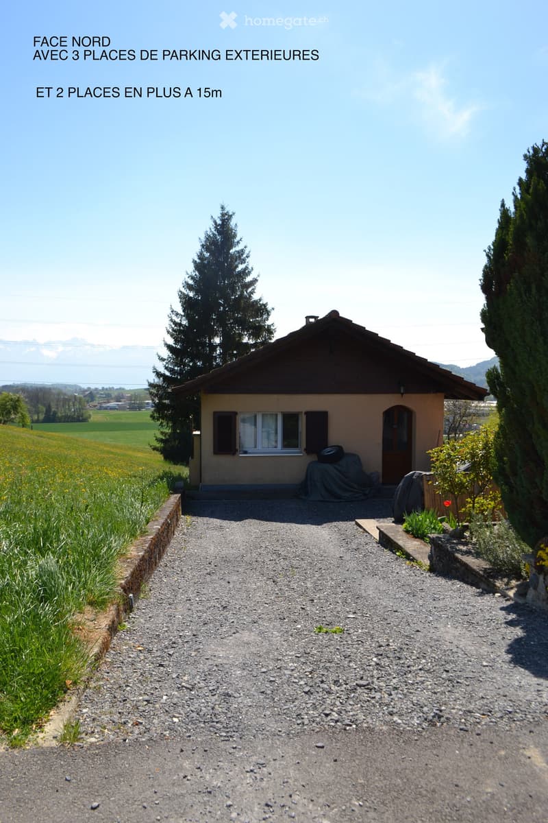 Single-story house with beige walls, dark roof, and multiple windows, situated on a gravel driveway with surrounding greenery and open fields.