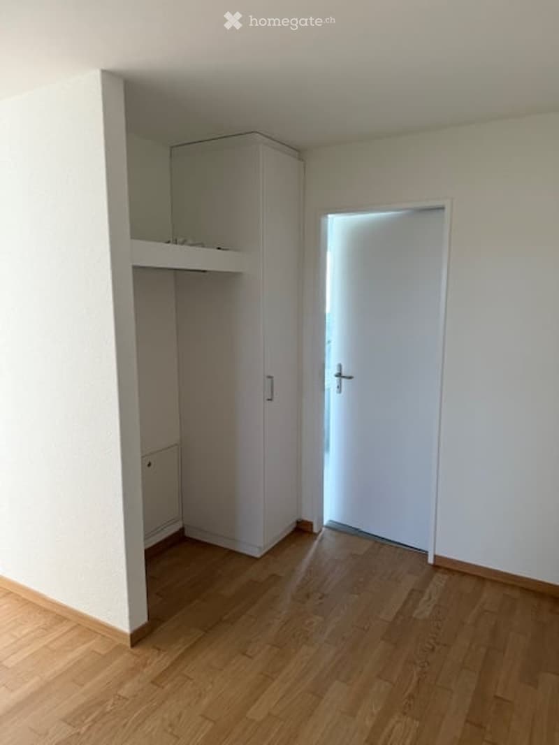 Empty room with light wooden flooring, white walls, and a built-in white closet with a small shelf and drawer. A white door is open, leading to another space.