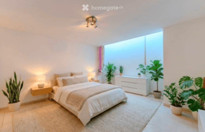 Modern bedroom with a large window, a neatly made bed, nightstands with lamps, a dresser, and several potted plants adding a touch of greenery.