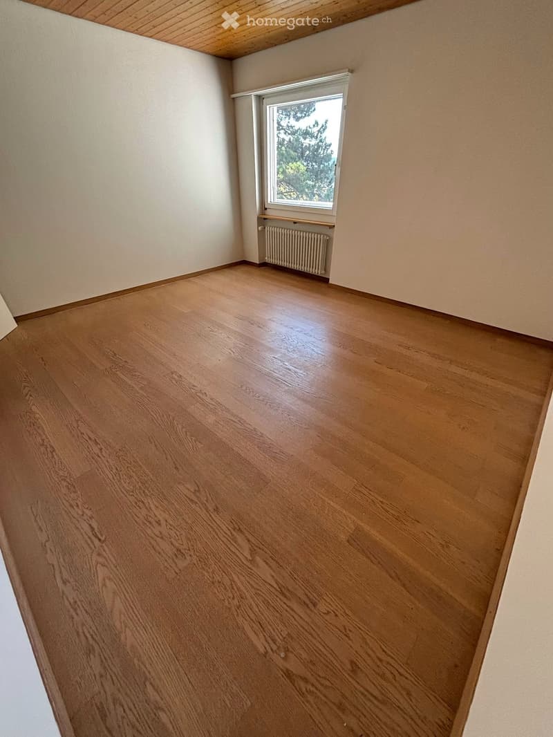 Empty room with wooden flooring, white walls, a window with a radiator below, and a slanted wooden ceiling.