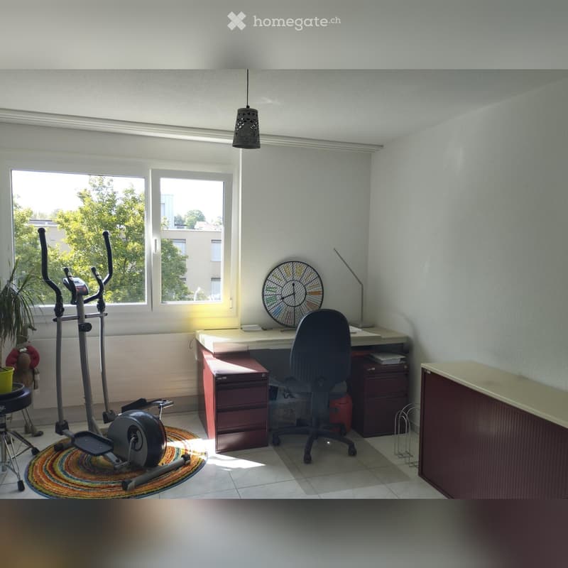 A well-lit room with a desk, chair, fan, exercise bike, and a small plant near the window.