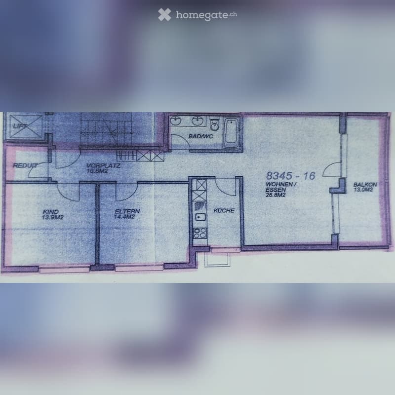 Floor plan of a 4-room apartment with living/dining area, kitchen, two bedrooms, and a bathroom. Includes a balcony and hallway.
