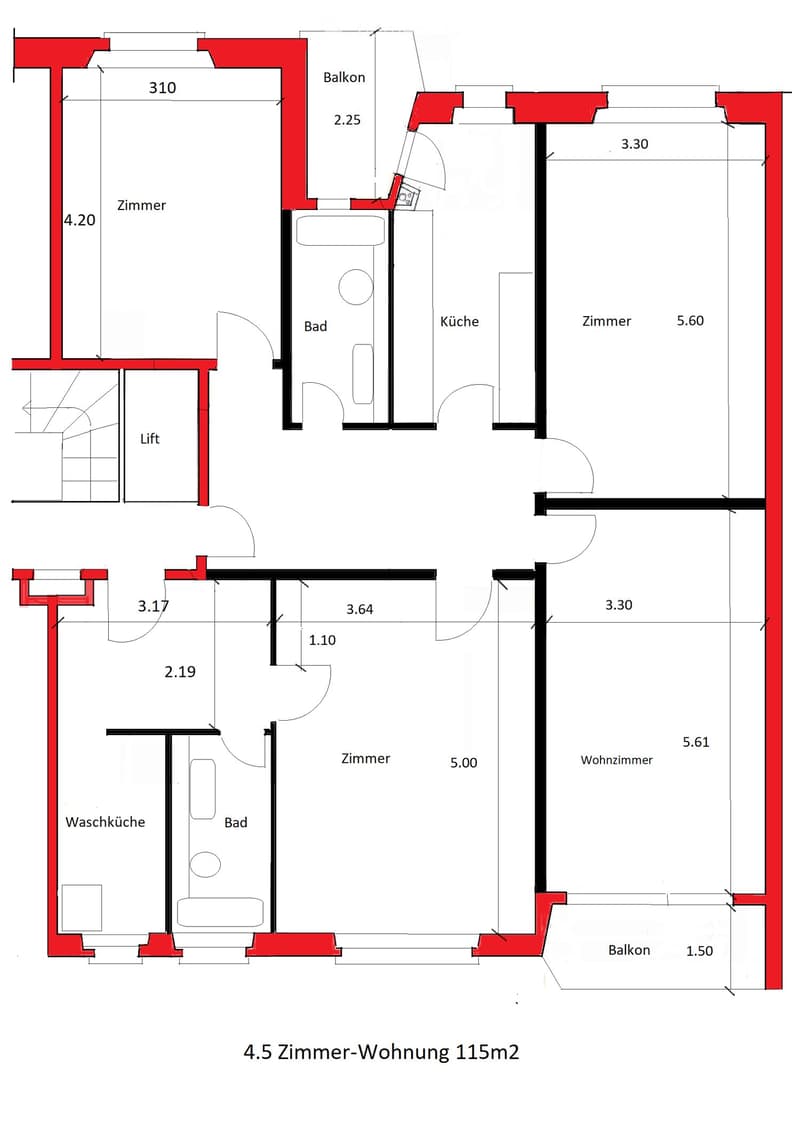 Floor plan of a 4.5-room apartment, 115m2, featuring multiple rooms including a living room, kitchen, bathrooms, and balconies.