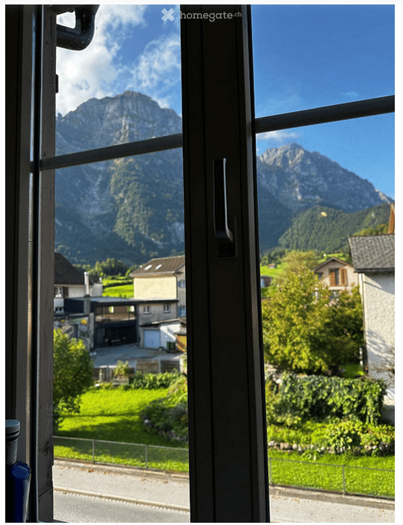 View from a window showing a scenic mountain landscape with green fields and houses below.