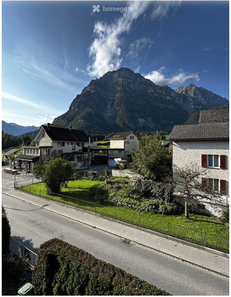 A peaceful village scene with houses, a well-maintained garden, and a stunning mountain backdrop under a clear blue sky.