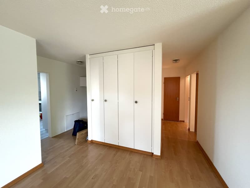 Empty hallway with wooden flooring, white walls, and a large white closet unit. Doors lead to other rooms, and there is a small piece of furniture and a bag visible in the background.