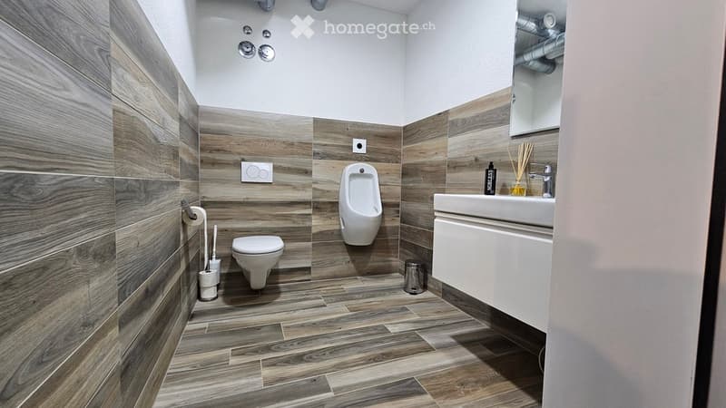 Bathroom. Modern bathroom with wooden wall and floor tiles, featuring a toilet, urinal, sink, and mirror.