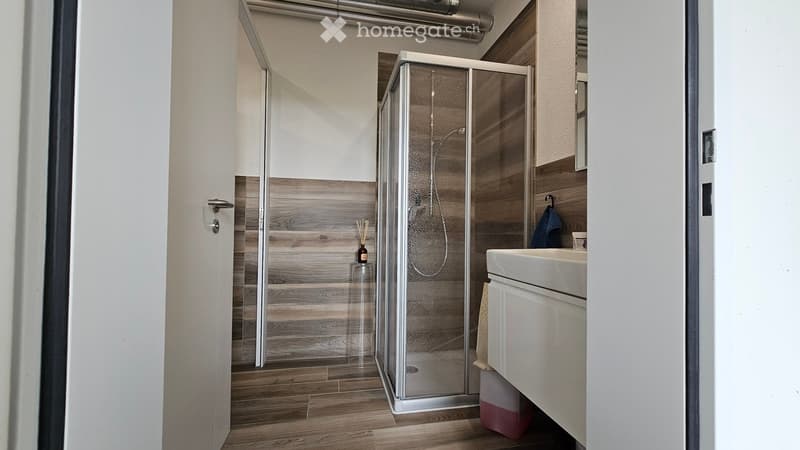 Bathroom. Modern bathroom with wooden flooring, a glass-enclosed shower, a white sink, and a small decorative bottle on a shelf.