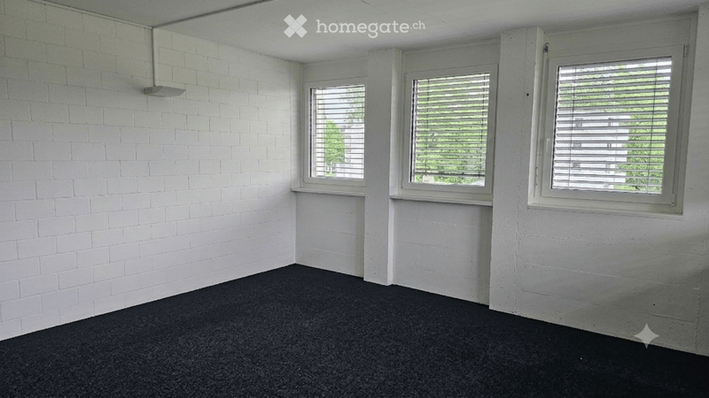 Empty room with white brick walls, black carpet, and three windows with blinds.