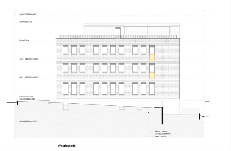 Building. Elevation view of a multi-story building showing the west facade with labeled levels including basement, ground floor, upper floors, attic, and roof. Windows are evenly spaced across the facade.