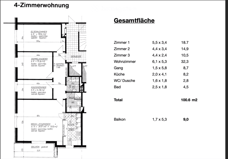 Floor plan of a 4-room apartment with labeled rooms including living room, kitchen, bedrooms, bathroom, and balcony.