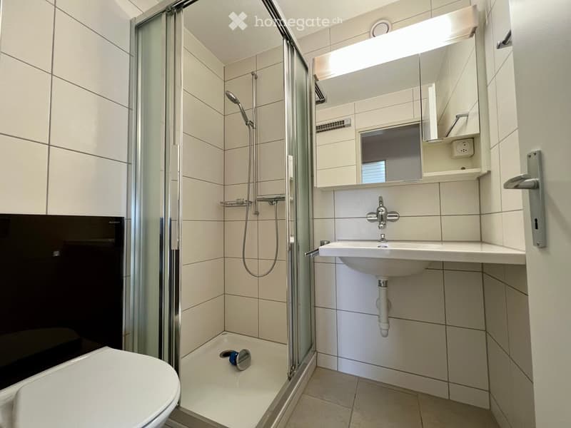 Modern bathroom with white tiles, a glass-enclosed shower, a toilet, a sink with a mirror, and a modern faucet.