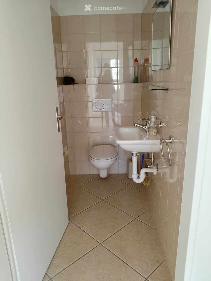 Small bathroom with beige tiles, toilet, sink, mirror, and a small shelf with cleaning supplies.