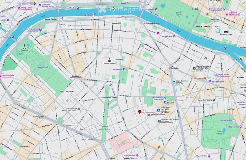 A map with roads, landmarks, and green areas, centered around a building in Paris