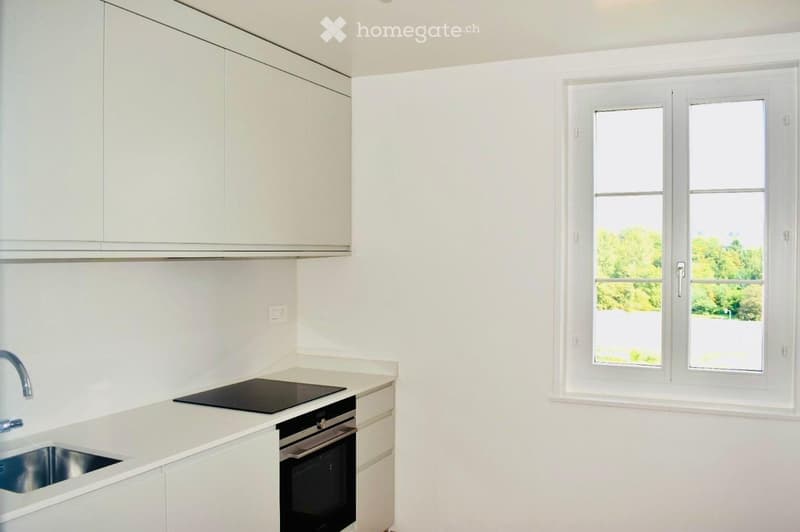 Modern kitchen with white cabinets, a sink, a faucet, and an oven. Large window with a view of greenery.