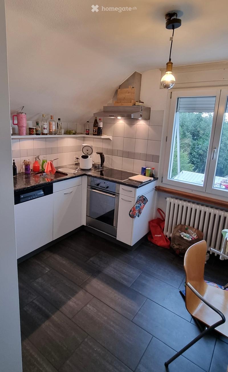 Modern kitchen with white cabinets, stainless steel appliances, dark tiled floor, and a window overlooking greenery.