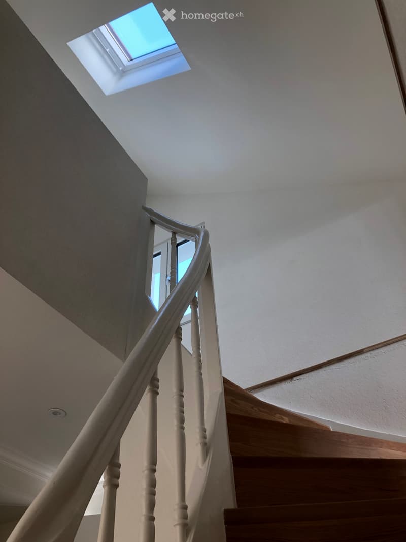 Spiral staircase with wooden steps and white balustrade, featuring a skylight window at the top and a side window.