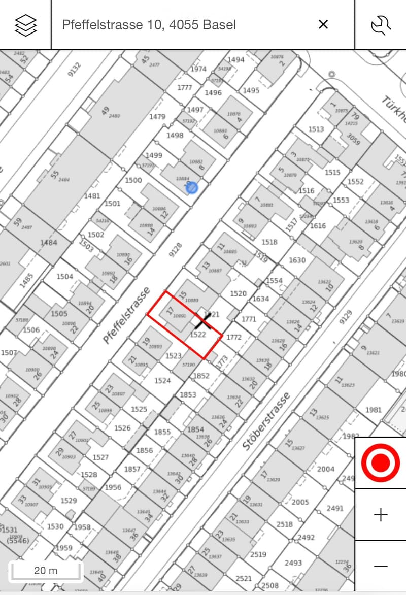Floor plan of a residential area in Basel, Switzerland, showing property boundaries and addresses.
