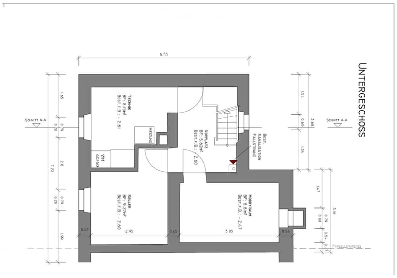 Floor plan of a basement level showing rooms labeled as Technik, Heizung, Keller, Hobbyraum, and Vorplatz. Includes dimensions and technical details.