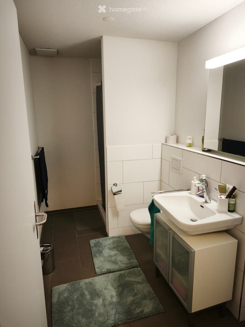 Modern bathroom with white tiles, a sink with a faucet, a toilet, a mirror, a cabinet, and two green bath mats on the floor.