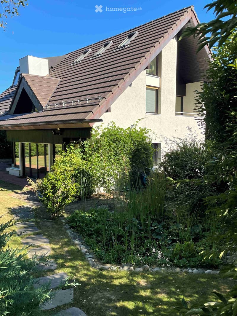 modern house, brown roof, glass walls, gravel pathway, large garden