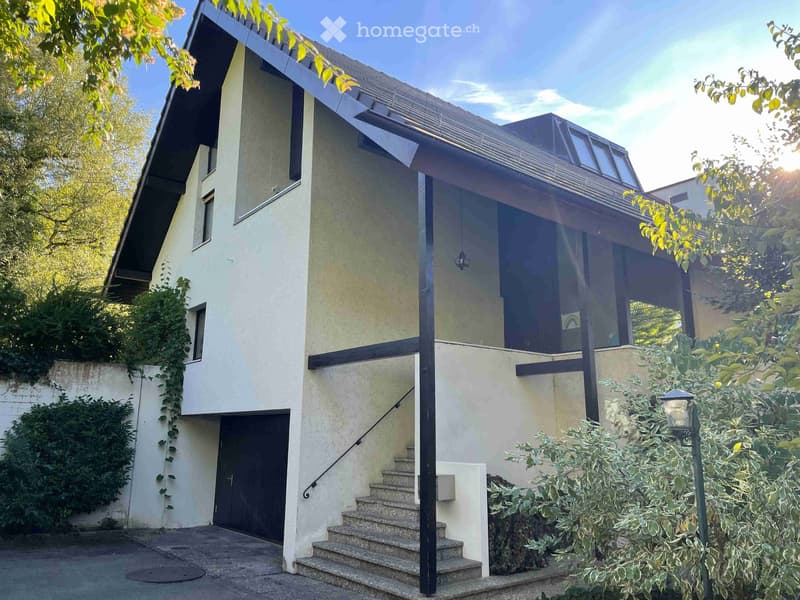 two story house, white exterior, black roof, steps, garage, black railings