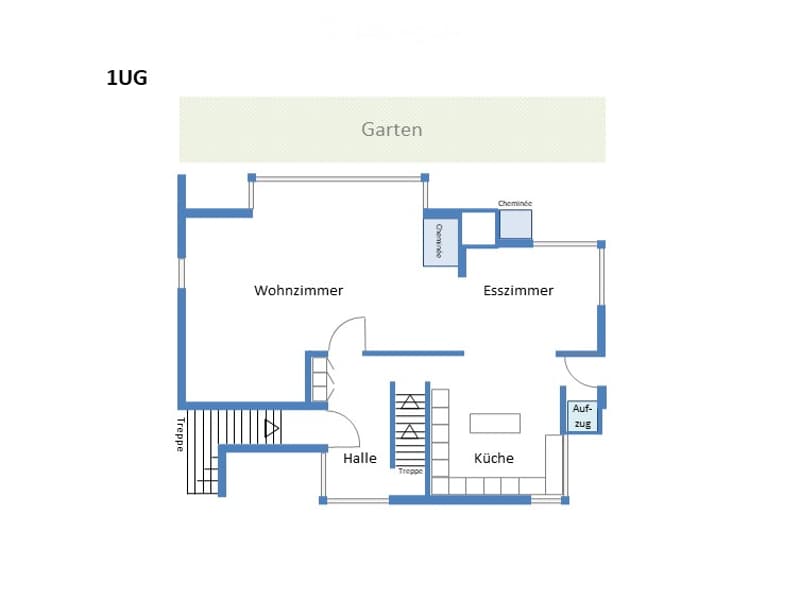 Floor plan with living room, dining room, kitchen, bathroom, entrance and garden
