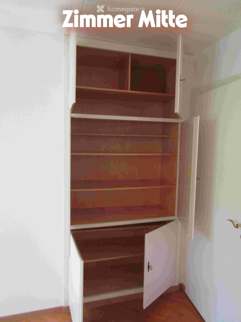 Empty room with wooden floor, white walls, and built-in wooden shelving unit with multiple open compartments.