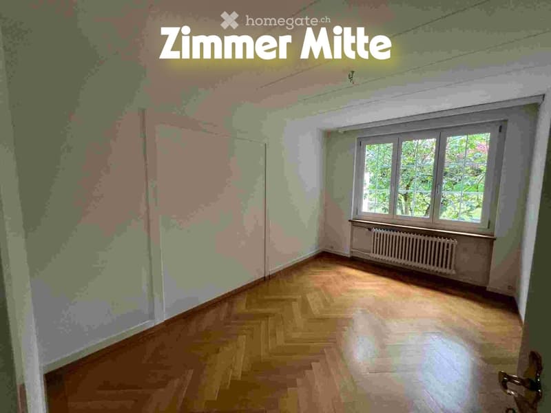 Empty room with wooden flooring, multiple windows, radiator, and partially painted walls.