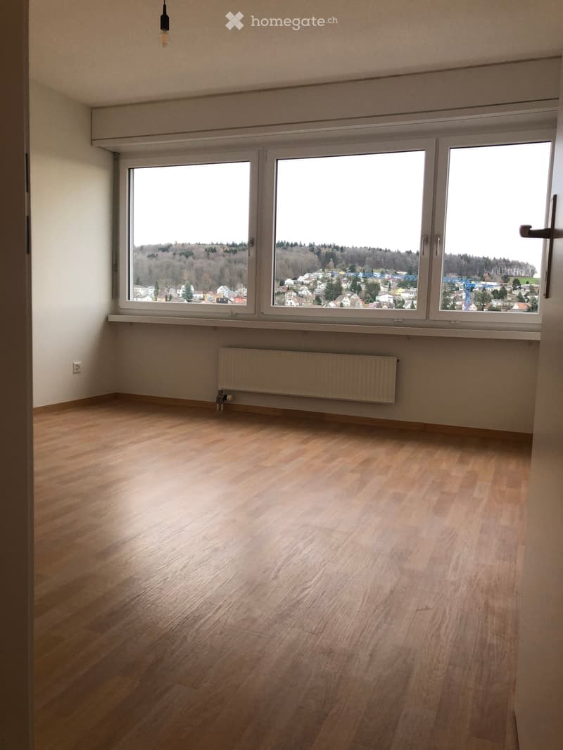 Empty room with wooden flooring, large windows offering a view of a town and surrounding landscape, radiator, and a hanging light fixture.