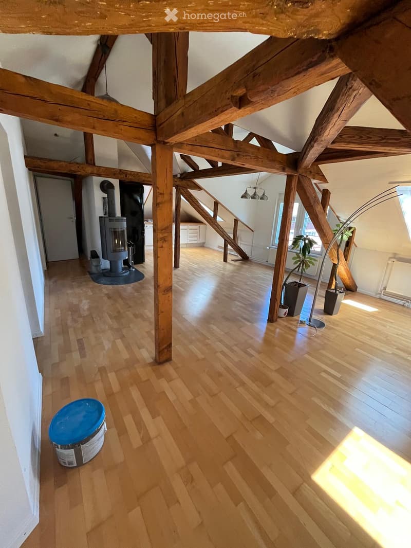 Open loft space with exposed wooden beams, hardwood flooring, fireplace, potted plants, and a floor lamp.