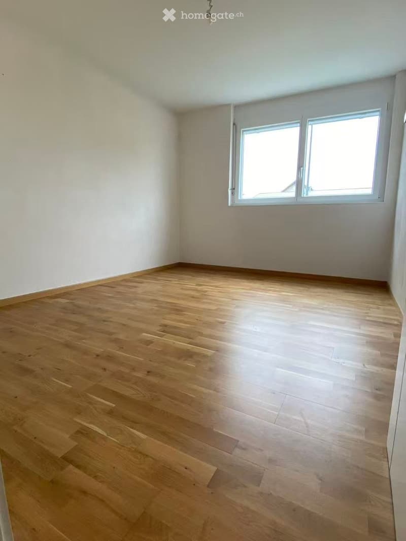 Empty room with light wooden flooring and white walls, featuring a large window with white frames and a simple ceiling light fixture.