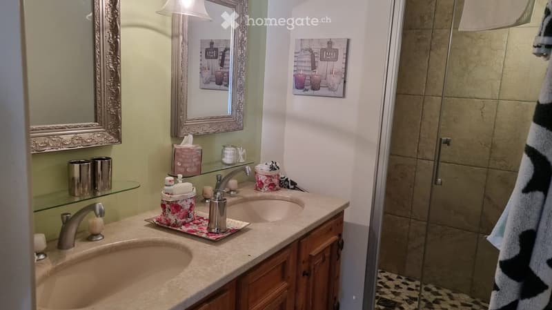Bathroom with double sink, glass shelf, mirror, and decorative items.