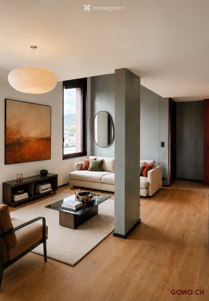 Modern living room with light-colored sofa, coffee table, side table, and artwork on the wall. Features wooden flooring, a large window, and a central column.
