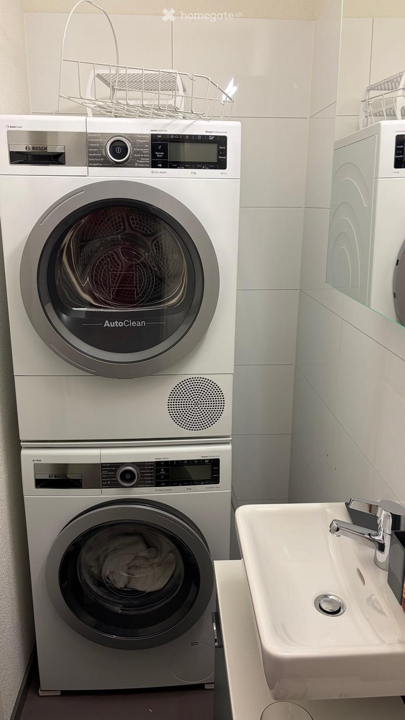 Modern bathroom with a Bosch washing machine and dryer unit, a white sink with a chrome faucet, and a wire basket on top of the dryer.