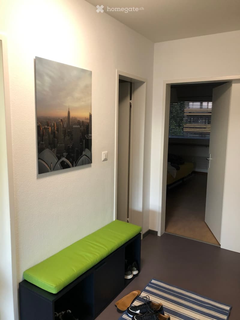 A small entryway with a green bench, a picture frame on the wall, a rug, and shoes placed on the floor.