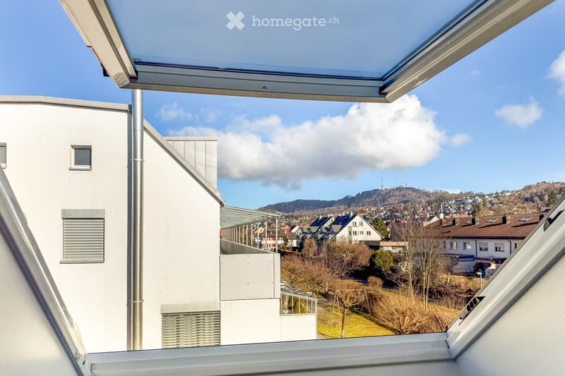View from a balcony showing a cityscape with houses, trees, and a distant hill under a partly cloudy sky.