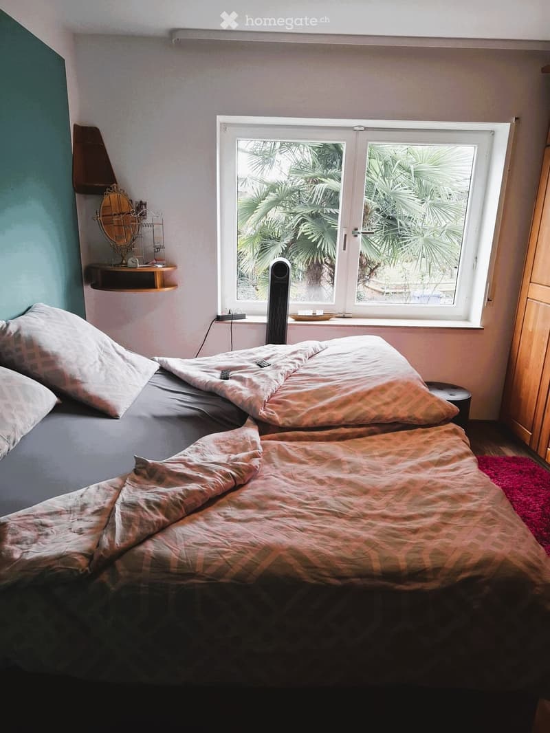Bedroom with bed, pillows, remote controls, window, wooden cabinet, shelf, mirror, fan, rug