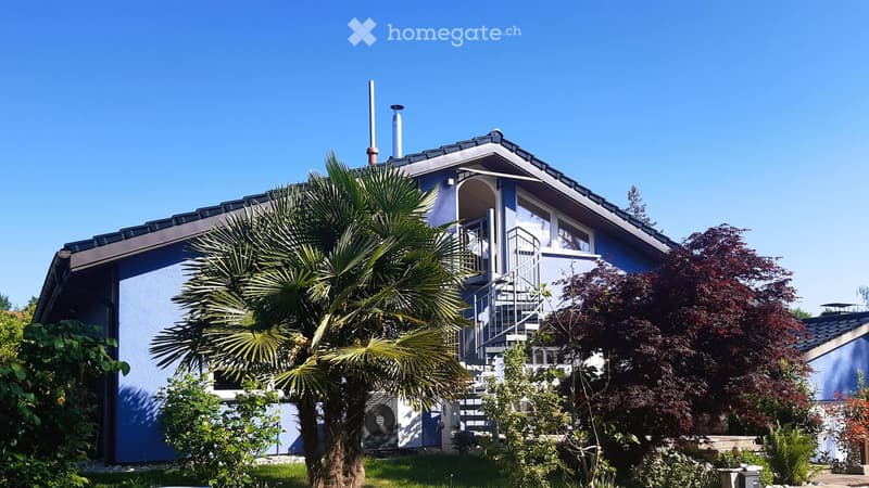 A two-story house with a modern design, featuring a blue exterior, a staircase leading to a balcony, and surrounded by lush greenery including palm trees and shrubs.