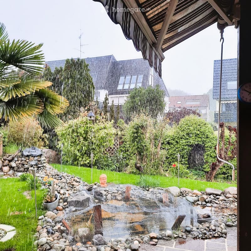 Garden with a pond, rocks, plants, and a Buddha statue, surrounded by greenery and houses in the background.
