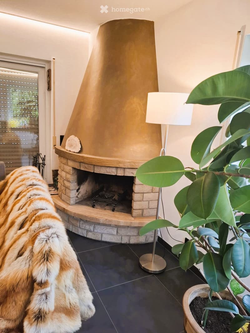living room with fireplace, white walls, black tiles, fur rug, lamp, plant
