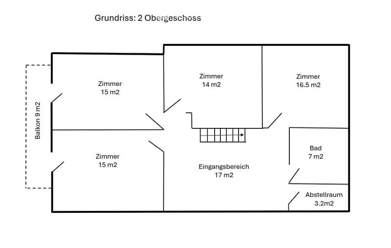 Floor plan of a 2nd floor showing five rooms, a bathroom, a storage area, and a balcony.