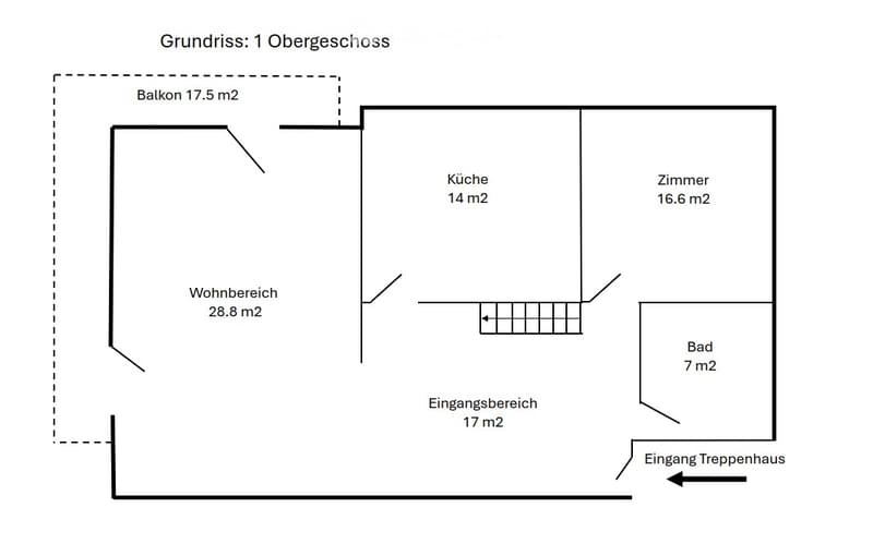 First-floor floor plan showing a living area (28.8 m2), kitchen (14 m2), bedroom (16.6 m2), bathroom (7 m2), entrance area (17 m2), and a balcony (17.5 m2).