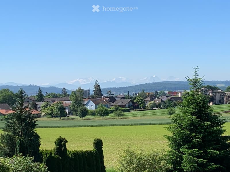 A scenic countryside view with green fields, scattered houses, and distant mountains under a clear blue sky.