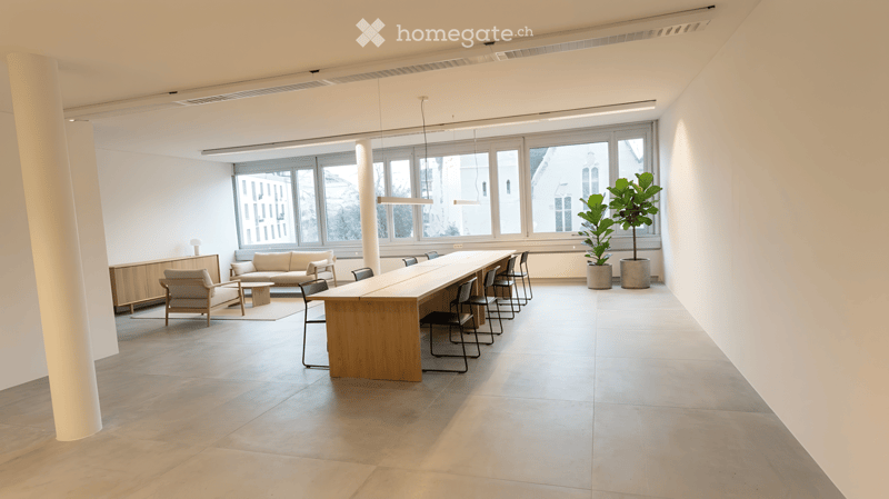 large room with a long wooden table, chairs, couch, wooden cabinet, plants, large windows
