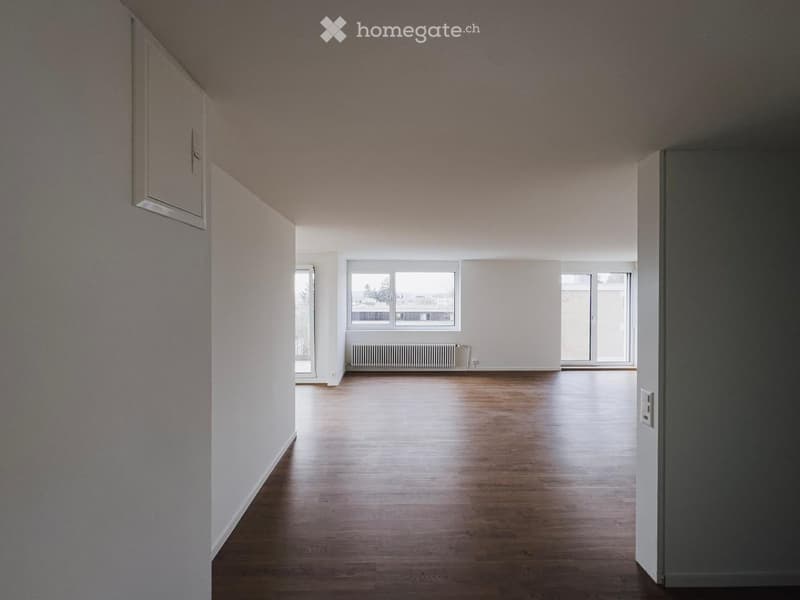 empty room, white walls, wooden floor, windows, radiator