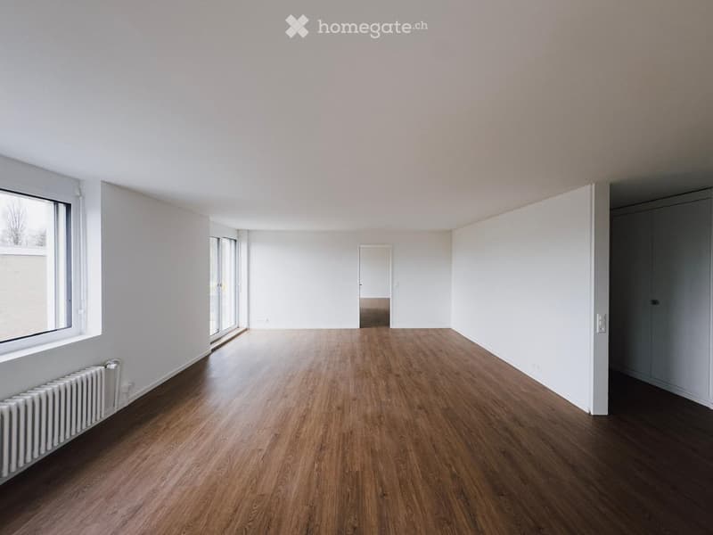 empty room, wooden floor, white walls, large window, glass door, radiator