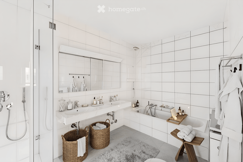 white tiles, double sink, bathtub, shower, towels, baskets, mirror, toiletries