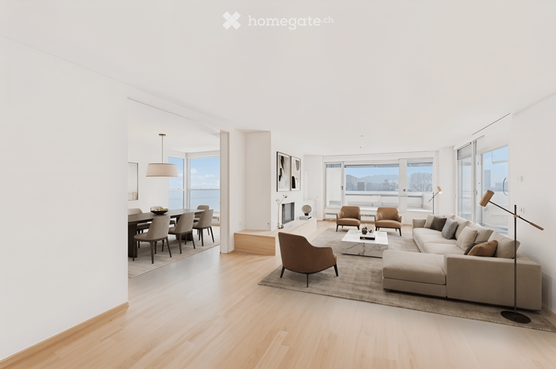 modern living room with hardwood floors, large windows, fireplace, dining area, couch, coffee table, chairs, lamps